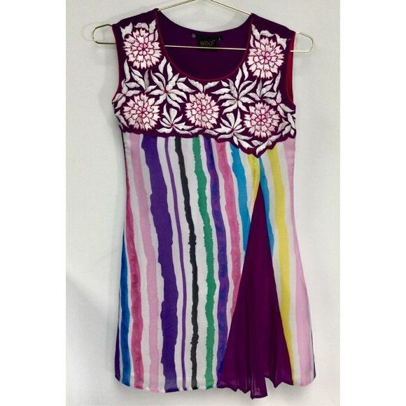 WOLF Tops - Wolf by Scale Womens Purple Embroidered Floral Striped Sleeveless Top Size X- Sm